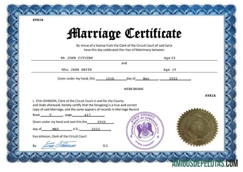 Imprimível modelo Word e PDF de certidão de casamento na Síria